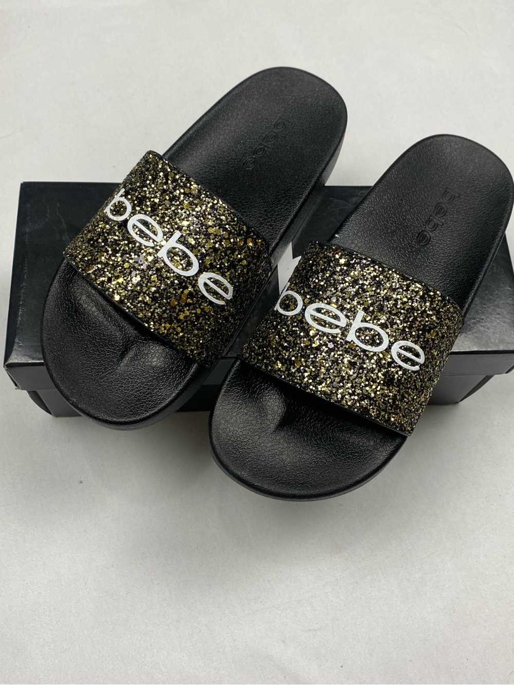 bebe Women's Black & Gold Glitter Slide Sandals